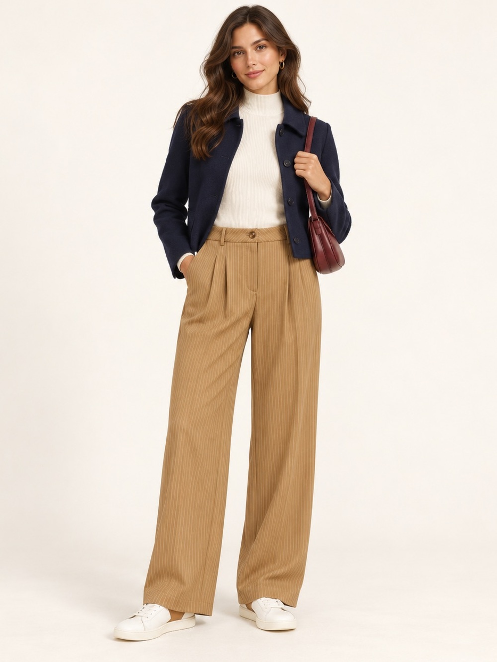 Tailored Wide-Leg Pinstripe Pants in Camel